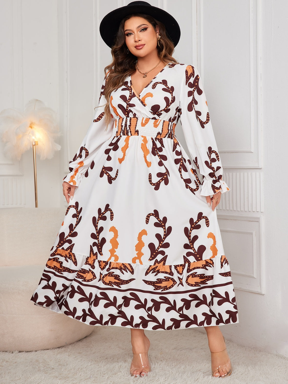 Plus Size Printed Surplice Flounce Sleeve Dress Shop One Place