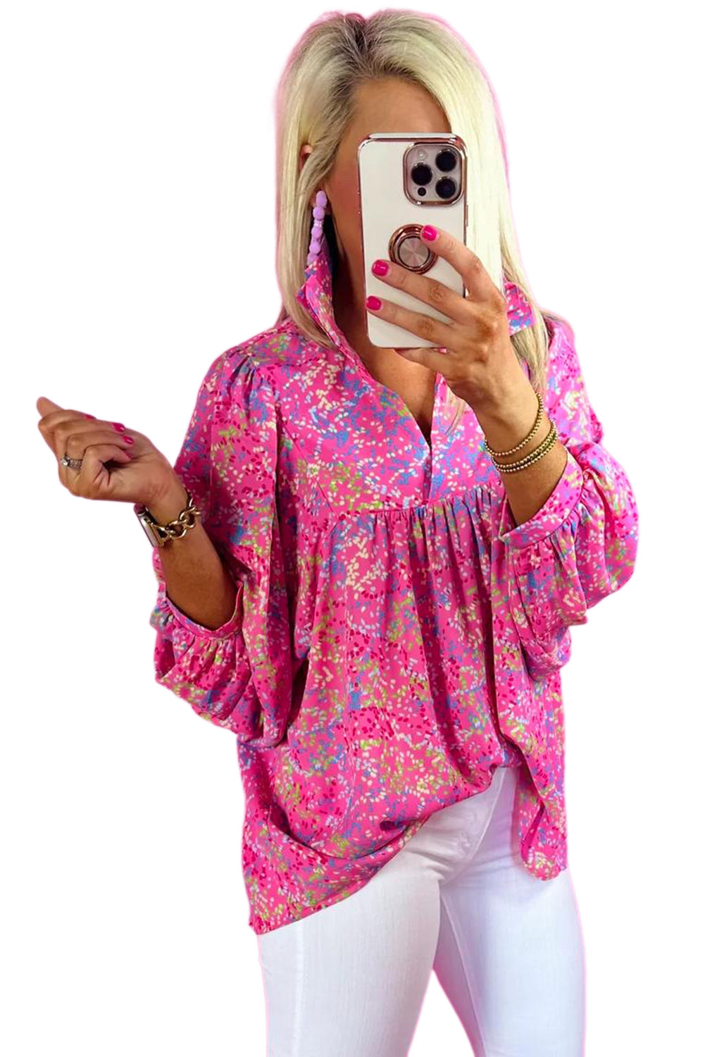 Bonbon Abstract Print Loose Fit Collared V Neck Babydoll Blouse Shop One Place