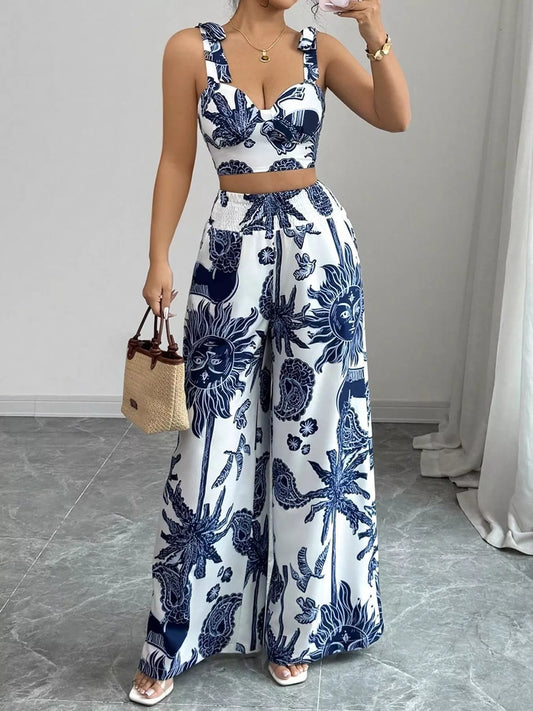 Floral Print Smocked Crop Top & Wide-Leg Pants Set – Women’s Two-Piece Outfit Shop One Place
