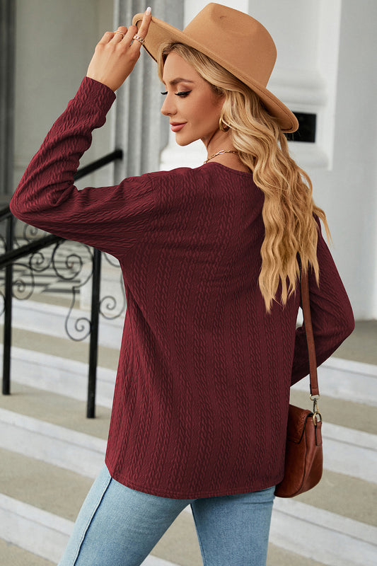 Decorative Button V-Neck Long Sleeve T-Shirt Shop One Place