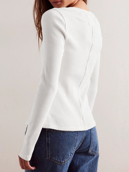 Ribbed Round Neck Long Sleeve Top Shop One Place