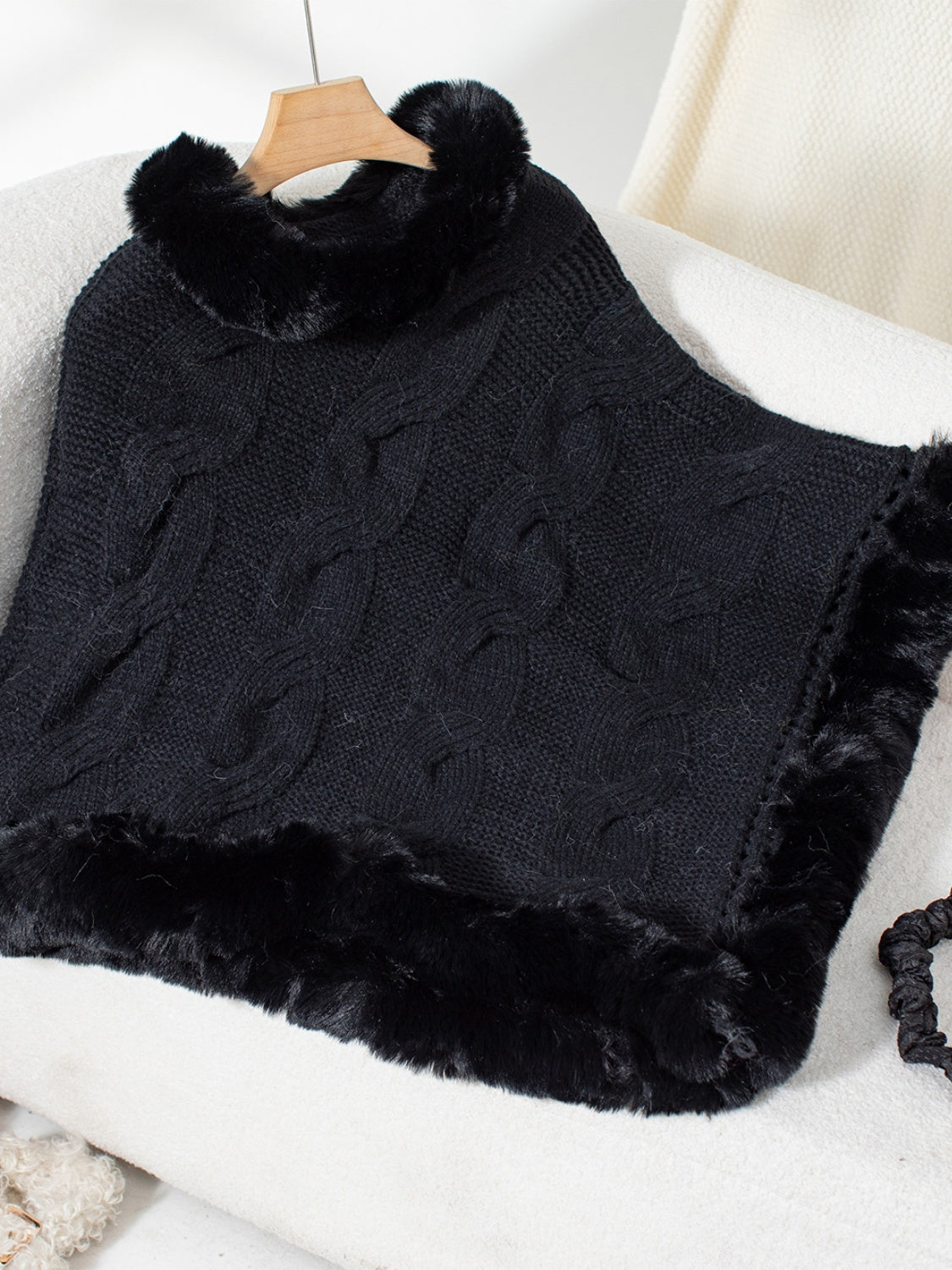 Fuzzy Hem Cable-Knit Poncho Shop One Place