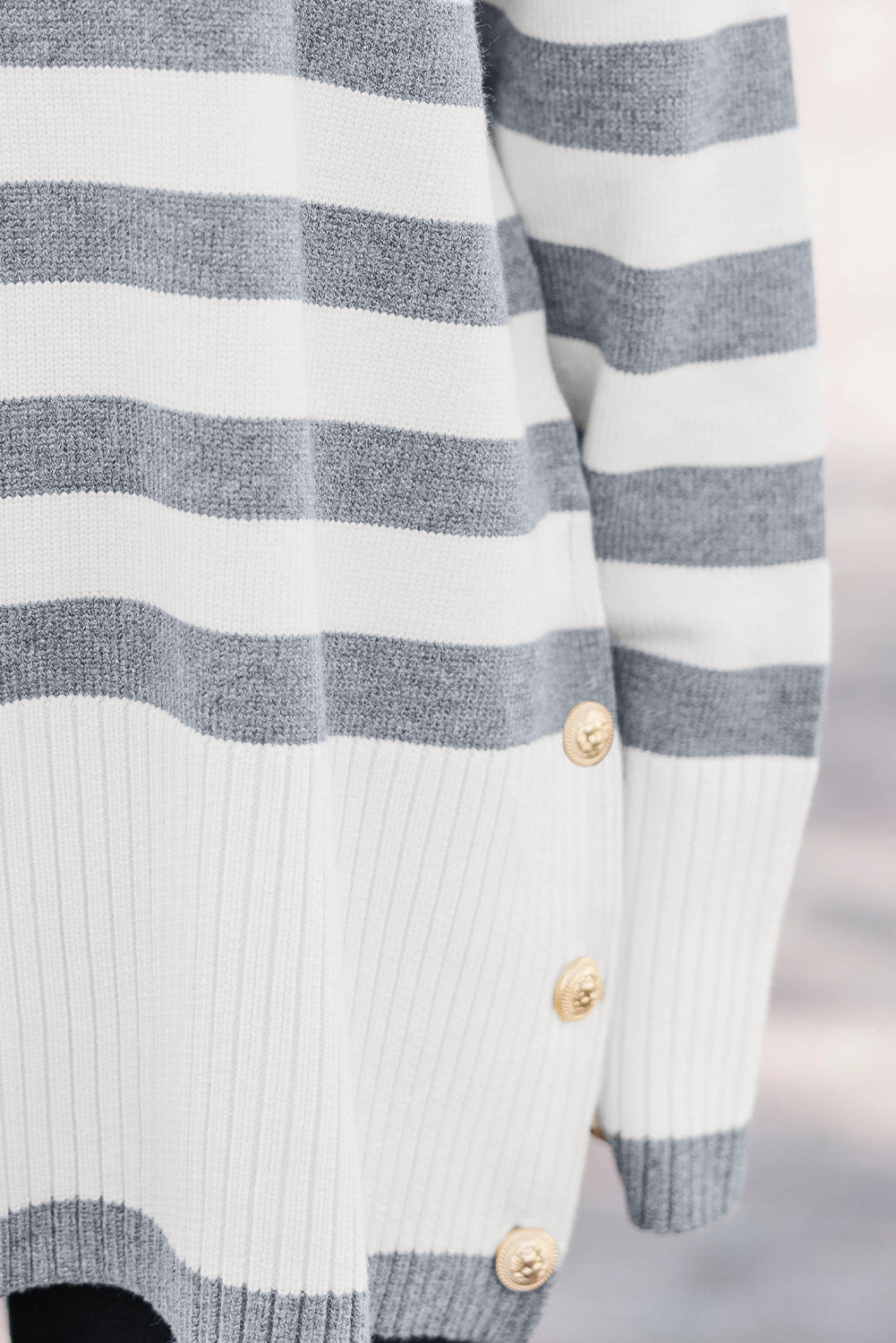 Gray Stripe Ribbed Buttoned Detail Drop Shoulder Tunic Sweater Shop One Place