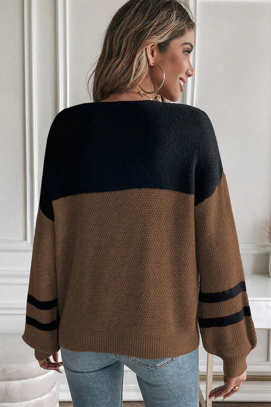 Dark Brown Colorblock Striped Sleeve Detail Knit Sweater Shop One Place