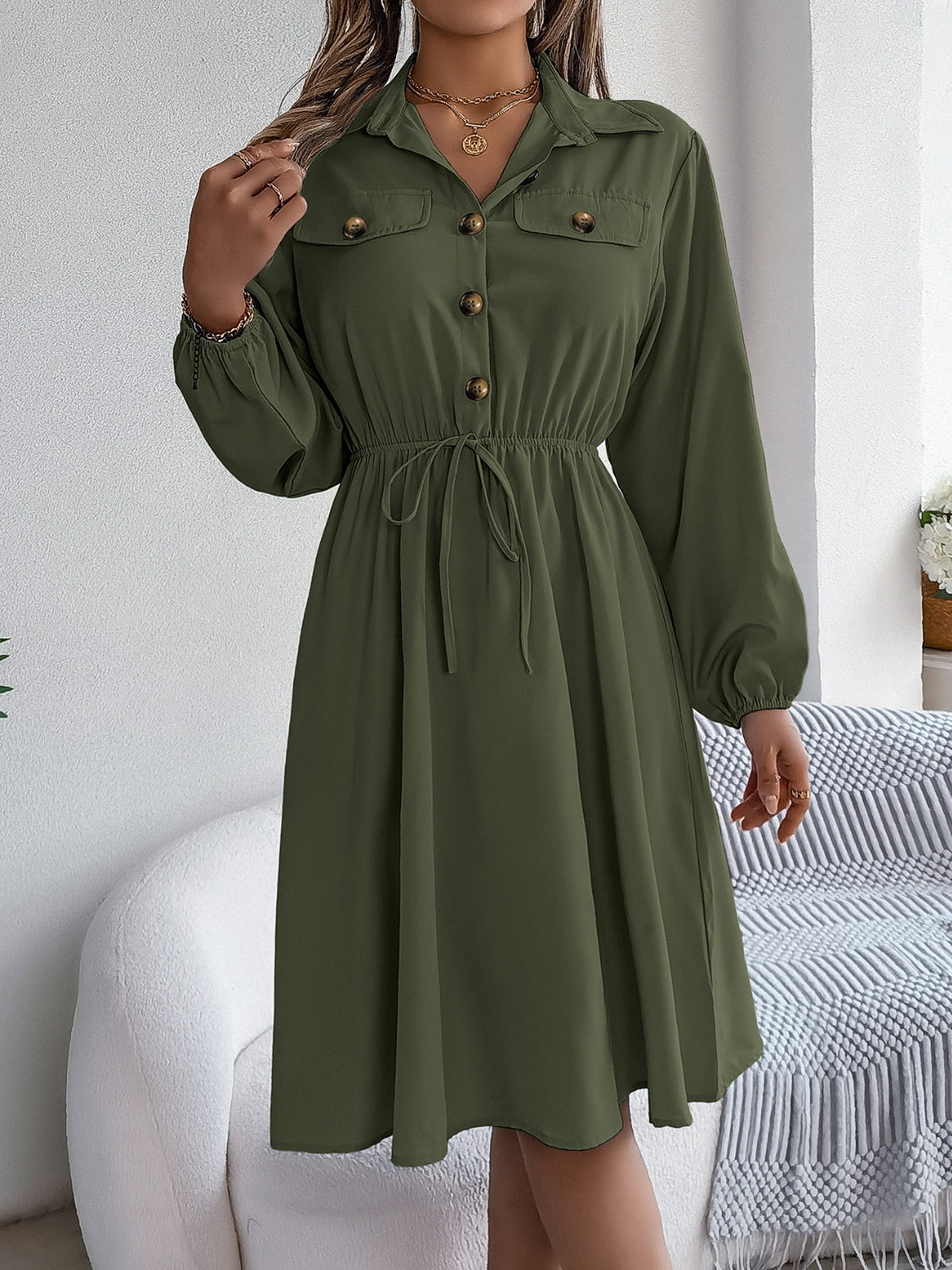 Collared Neck Long Sleeve Dress with Pockets Shop One Place