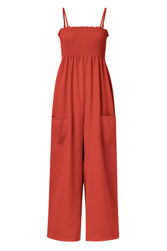 Smocked Spaghetti Strap Wide Leg Jumpsuit Shop One Place