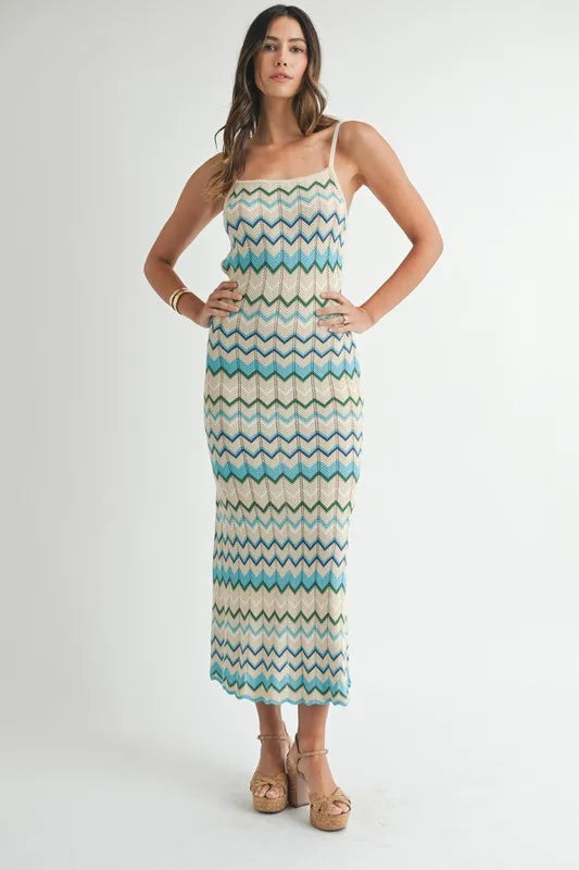 MABLE Lightweight Pointelle Chevron Knit Maxi Dress Shop One Place