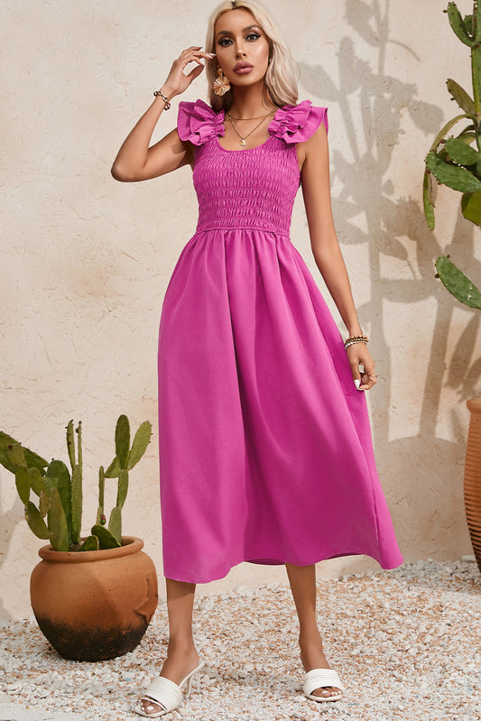 Smocked Ruffled Scoop Neck Midi Dress Shop One Place