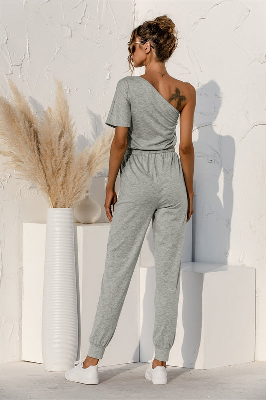 Single Shoulder Short Sleeve Jumpsuit Shop One Place