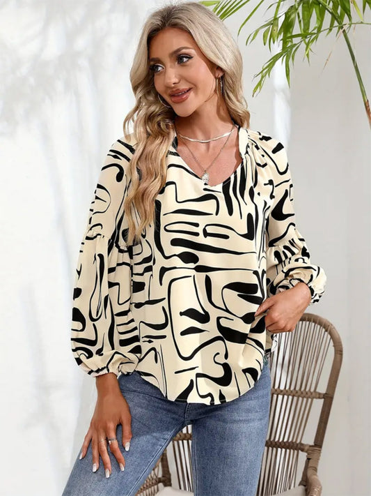 Printed Notched Long Sleeve Blouse Shop One Place