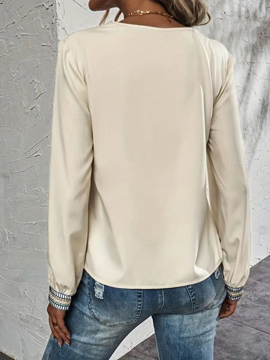 CJY Contrast V-Neck Long Sleeve Blouse Shop One Place