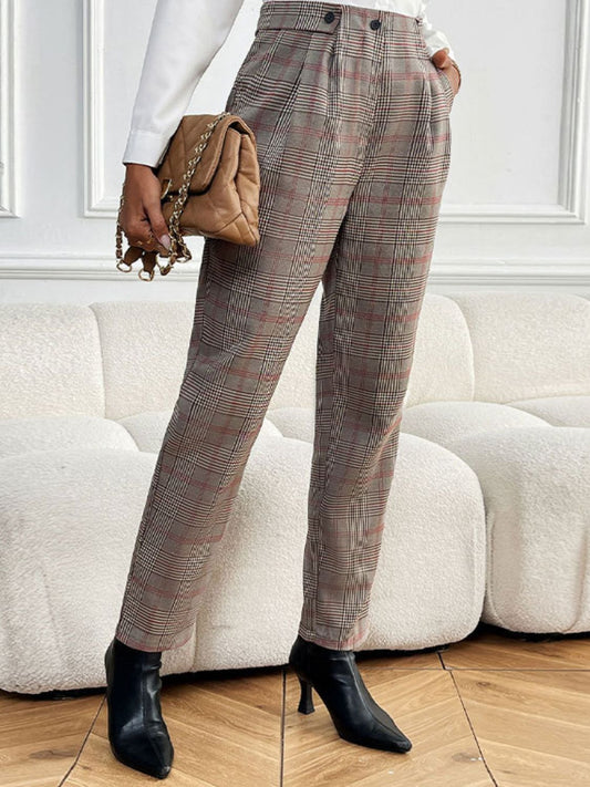 Perfee Plaid Straight Pants with Pockets Shop One Place