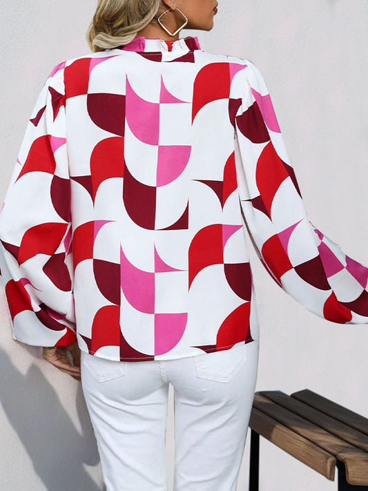 Frill Notched Long Sleeve Blouse Shop One Place