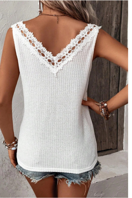 Lace Detail Textured V-Neck Tank Shop One Place