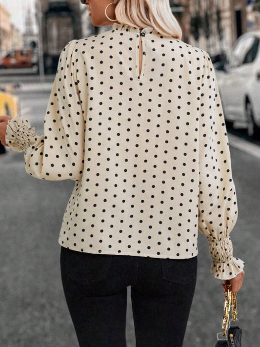 Polka Dot Mock Neck Long Sleeve Blouse Shop One Place