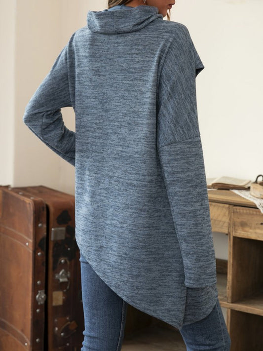 Asymmetrical Hem Cowl Neck Long Sleeve T-Shirt Shop One Place