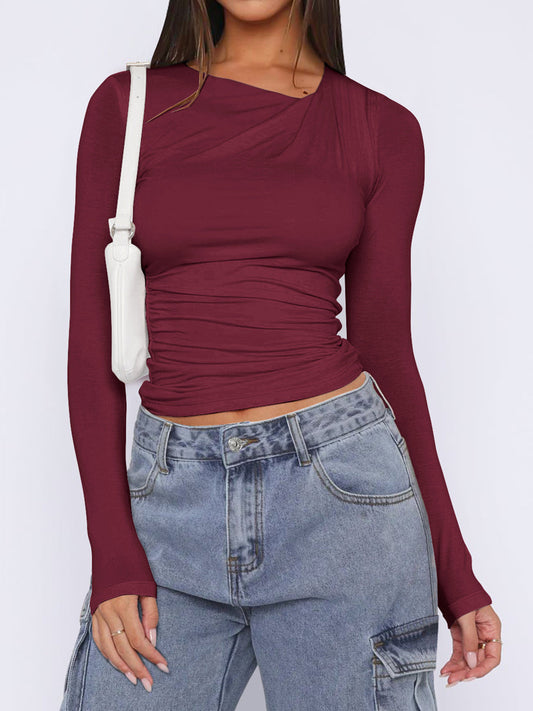 Ruched Asymmetrical Neck Long Sleeve T-Shirt Shop One Place