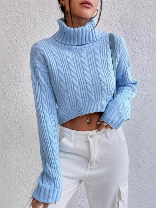 Cable-Knit Turtleneck Long Sleeve Sweater Shop One Place