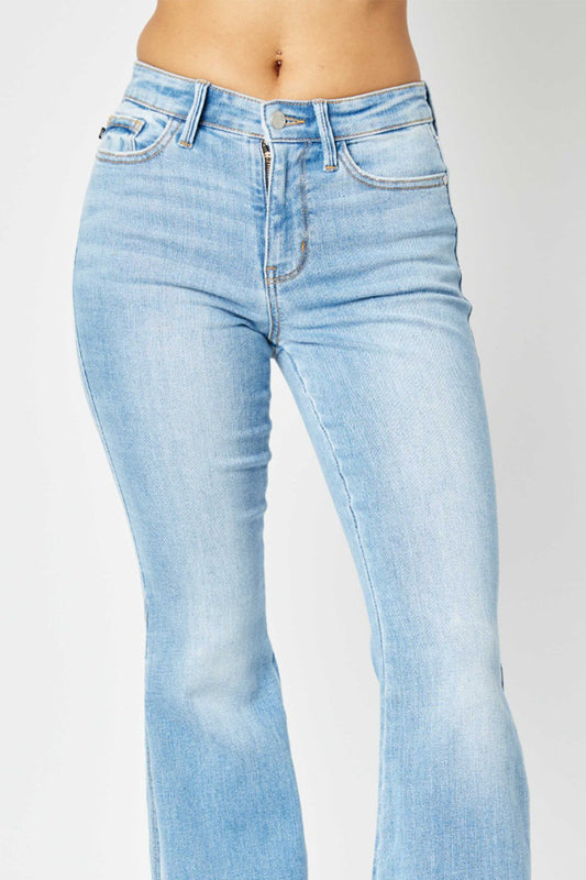 Judy Blue Full Size Mid Rise Raw Hem Slit Flare Jeans Shop One Place