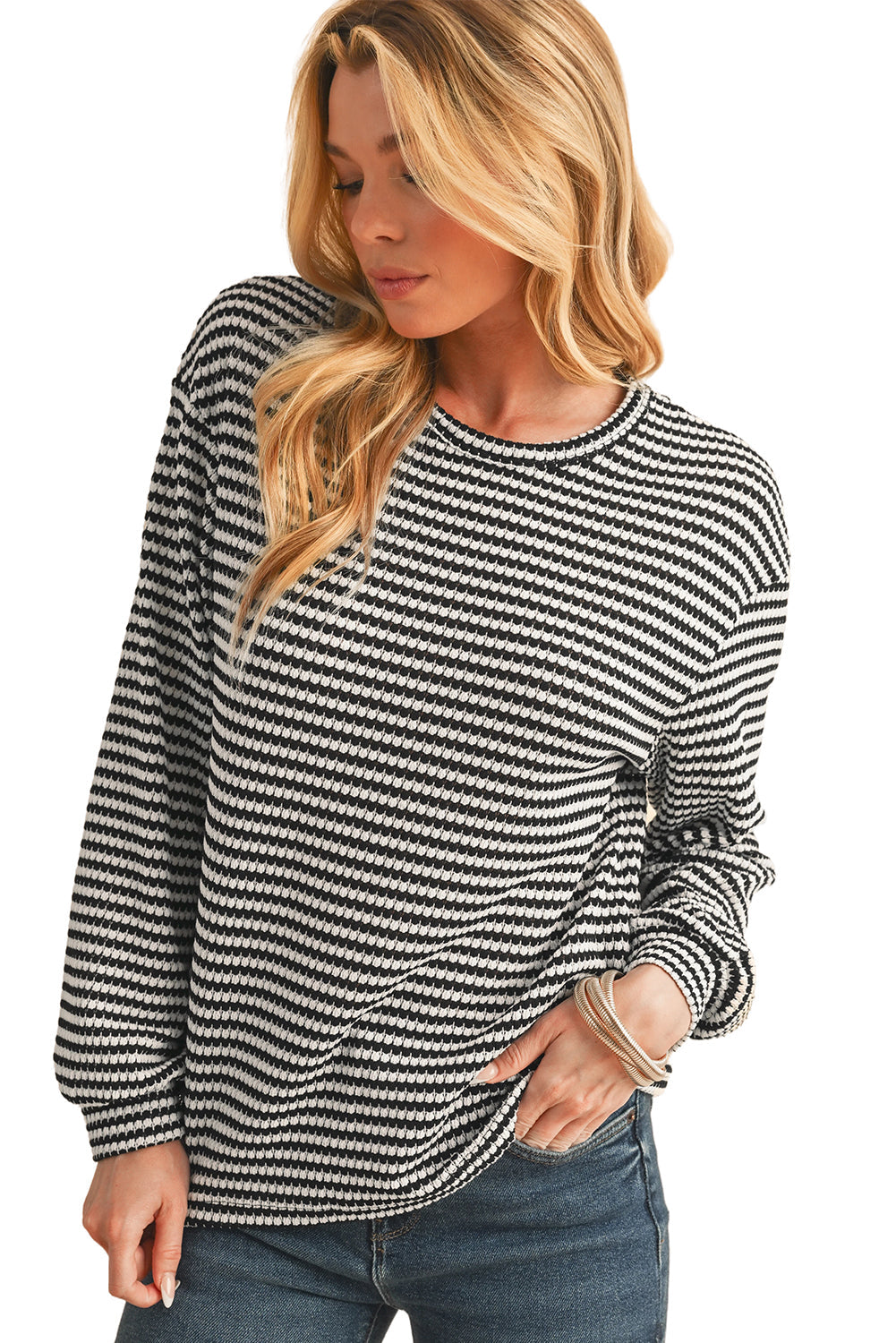 Rose Stripe Round Neck Drop Shoulder Long Sleeve Top Shop One Place
