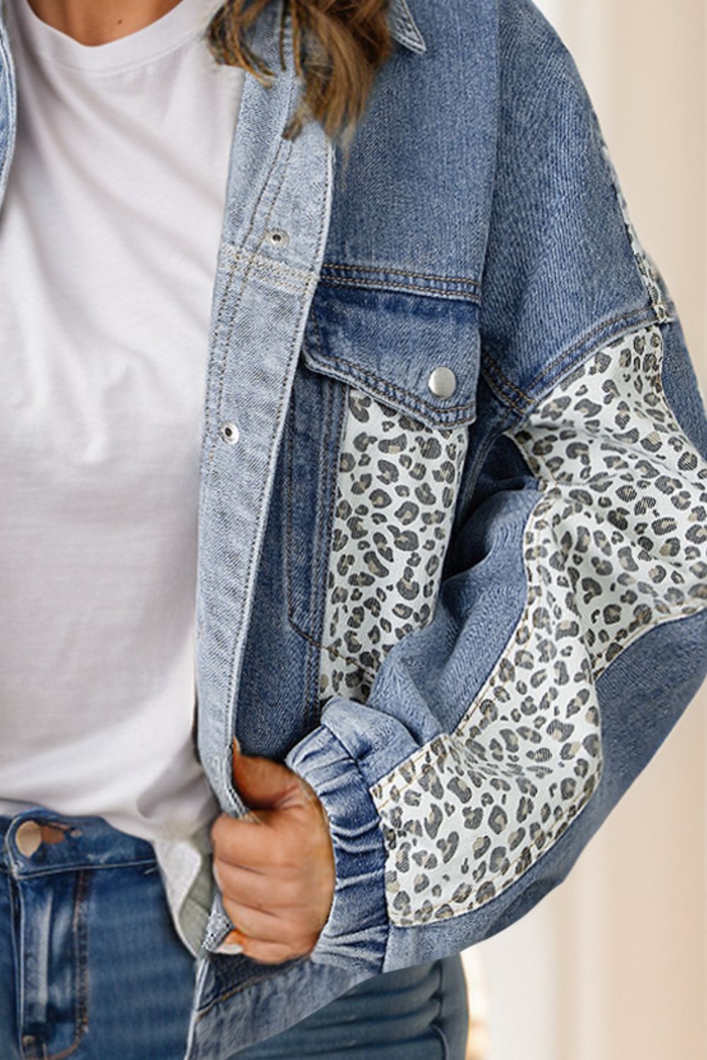Plus Size Leopard Long Sleeve Denim Jacket Shop One Place