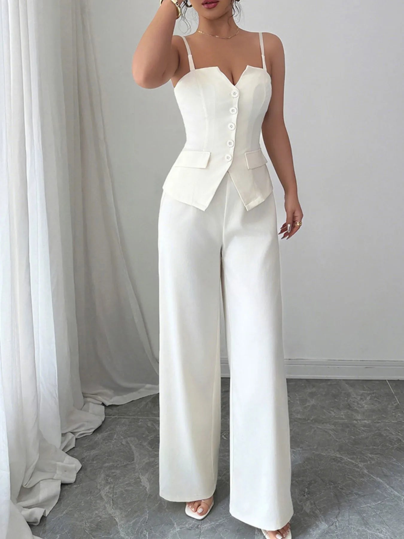 Button Front Cami and Pants Set Shop One Place