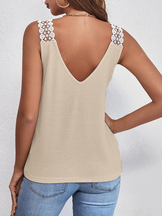 Lace Detail Waffle-Knit V-Neck Tank Shop One Place