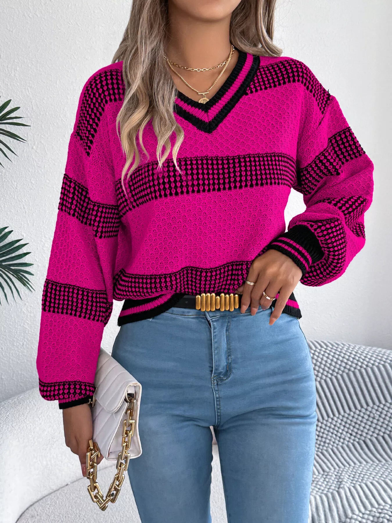 Contrast Striped V-Neck Sweater Shop One Place