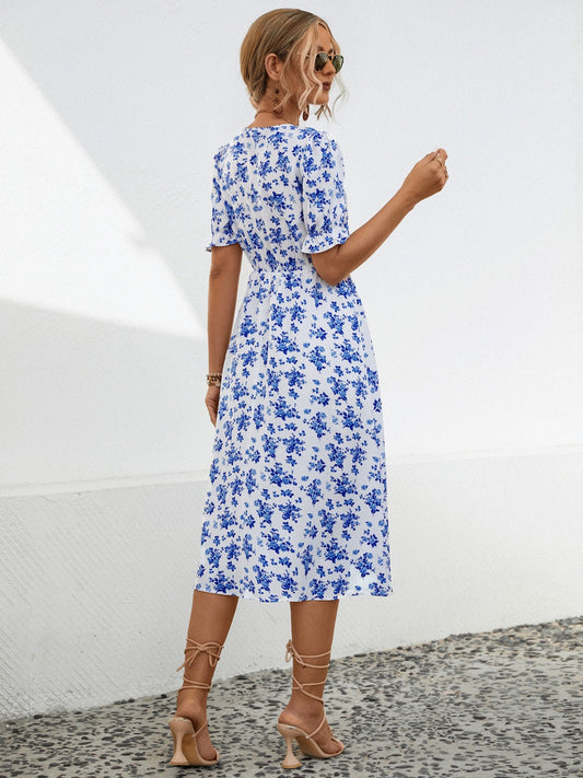Slit Printed V-Neck Short Sleeve Dress Shop One Place