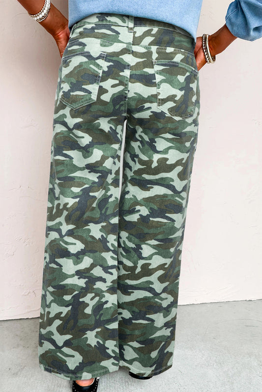 Women's camo wide leg jeans showing drawstring waist detail and back view