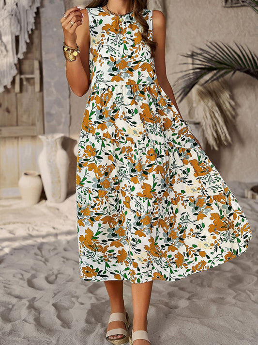 Spring and summer halter neck loose holiday multi-layer print dress
