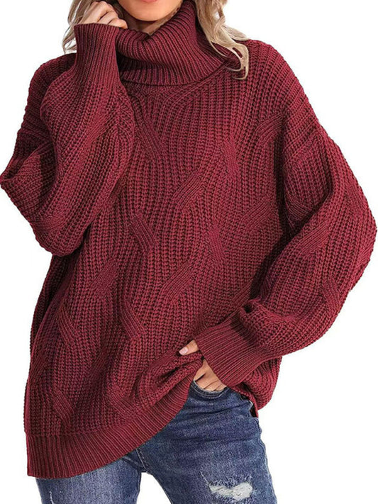 Thick line long sleeve solid color pullover turtleneck sweater Shop One Place