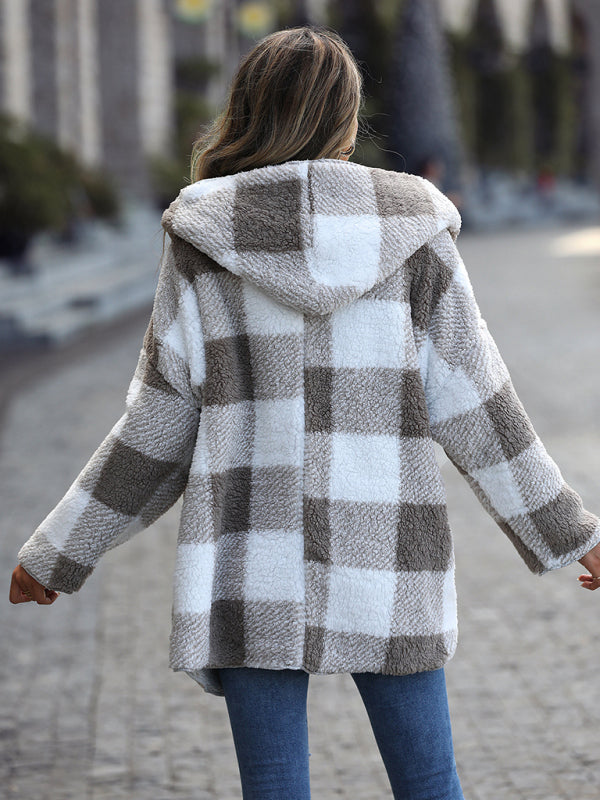 Women's Plush Hooded Plaid Long Sleeve Loose Jacket Shop One Place