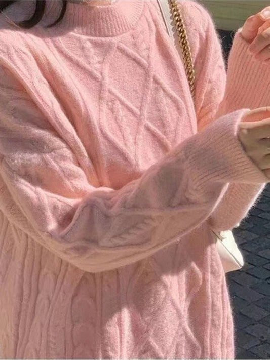 Women's long sleeve round neck twist loose sweater Shop One Place