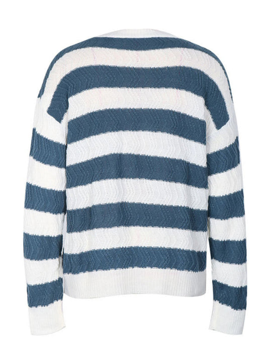 Women's new round neck long sleeve striped sweater Shop One Place