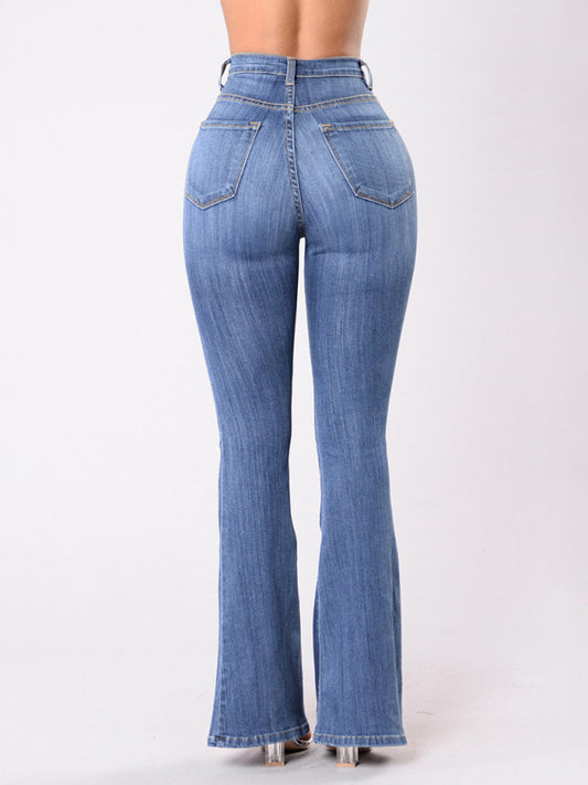 Women's new high-waist washed button slim fit slightly flared wide-leg denim trousers Shop One Place