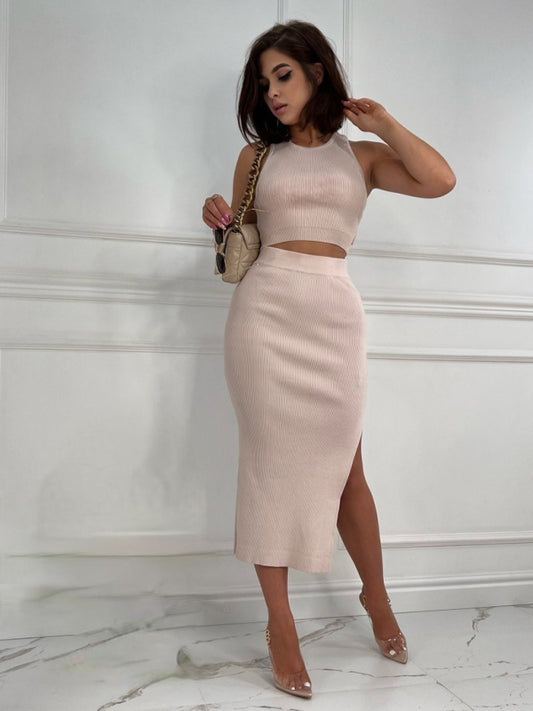 Women's Solid Color Vest Top Slim Fit Slit Skirt Two Piece Set