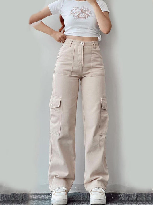 Versatile casual pants, mid-rise three-dimensional pocket trousers, waist-cinching overalls Shop One Place