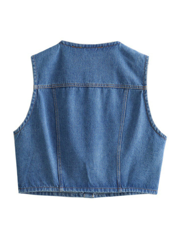 New women's versatile round neck single breasted pocket short denim vest