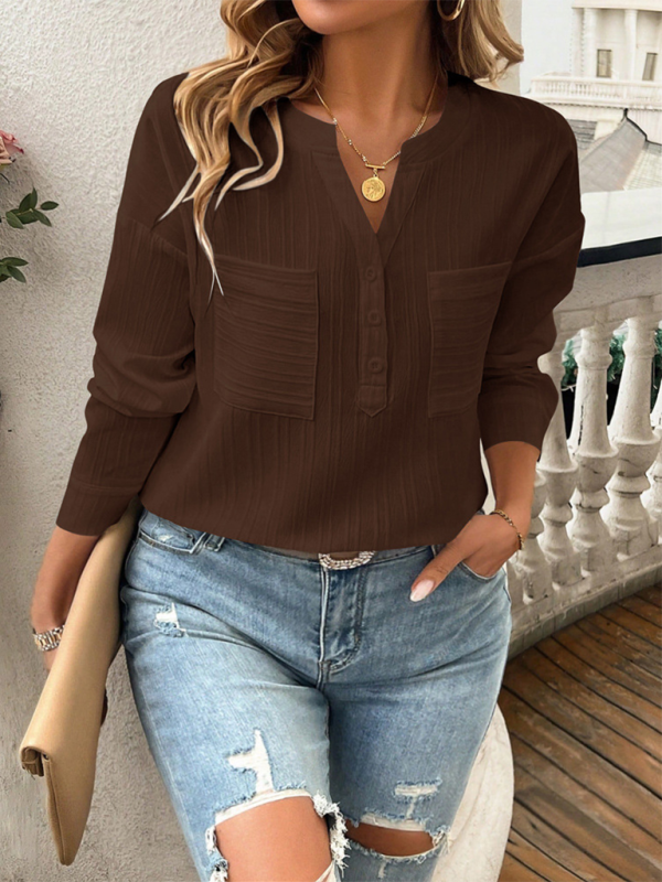 Women's shirt v-neck temperament casual solid color pullover top Shop One Place