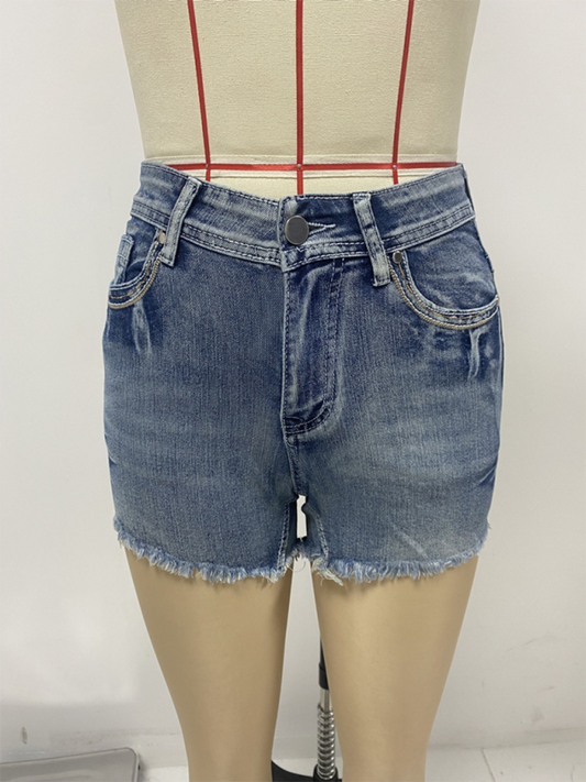 New American retro embroidered slim fit raw edge denim shorts Shop One Place