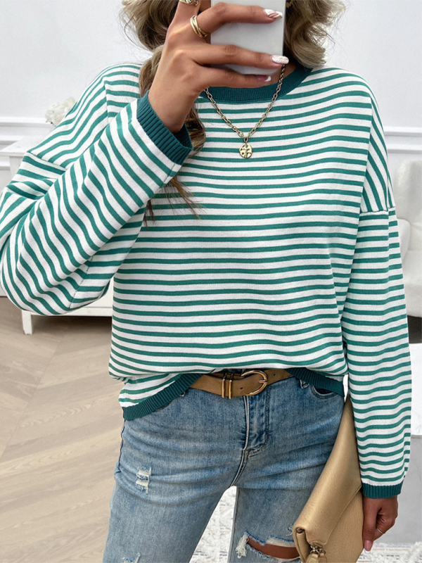 Women's Temperament Casual Round Neck Striped Sweater Shop One Place