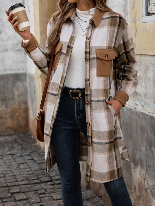 Women's new mid-length plaid cardigan retro brushed plaid patchwork jacket Shop One Place