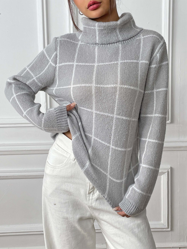 Contrast Plaid Turtleneck Sweater Top Shop One Place