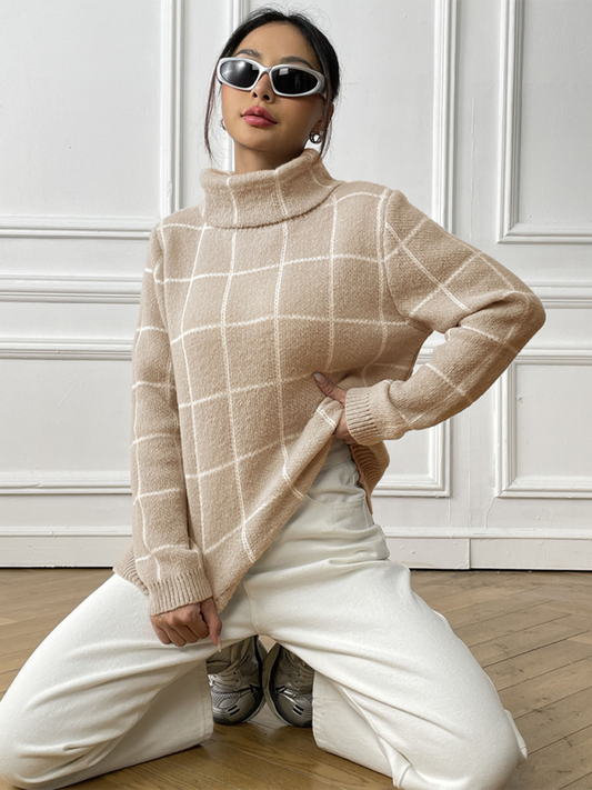 Contrast Plaid Turtleneck Sweater Top Shop One Place