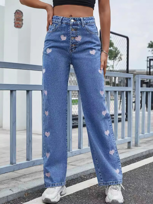 Fashion Love Heart Embroidery Casual High Waist Straight Jeans Shop One Place