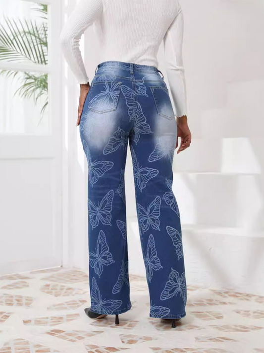 New Butterfly Printed High Waisted Straight Leg Denim Trousers Shop One Place