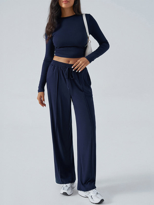 Women's Crew Neck Long Sleeve Top Wide Leg Pants Set Shop One Place