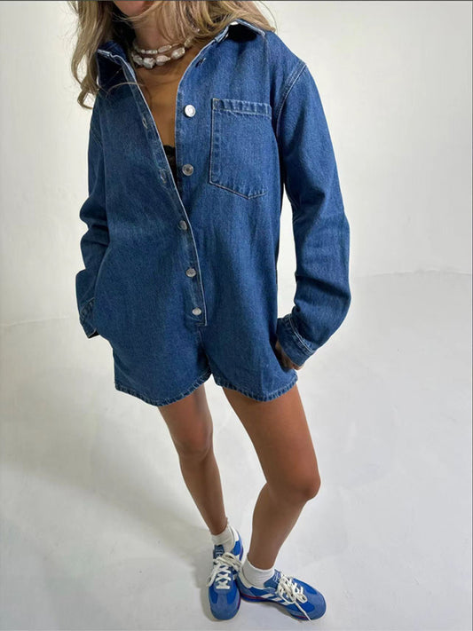 New Women's Lapel Long Sleeve Shorts Denim Jumpsuit Shop One Place