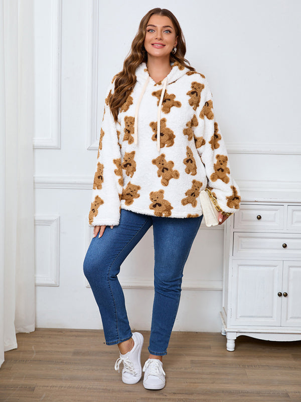 Plus size women's loose casual cow plush long sleeve hooded sweatshirt Shop One Place
